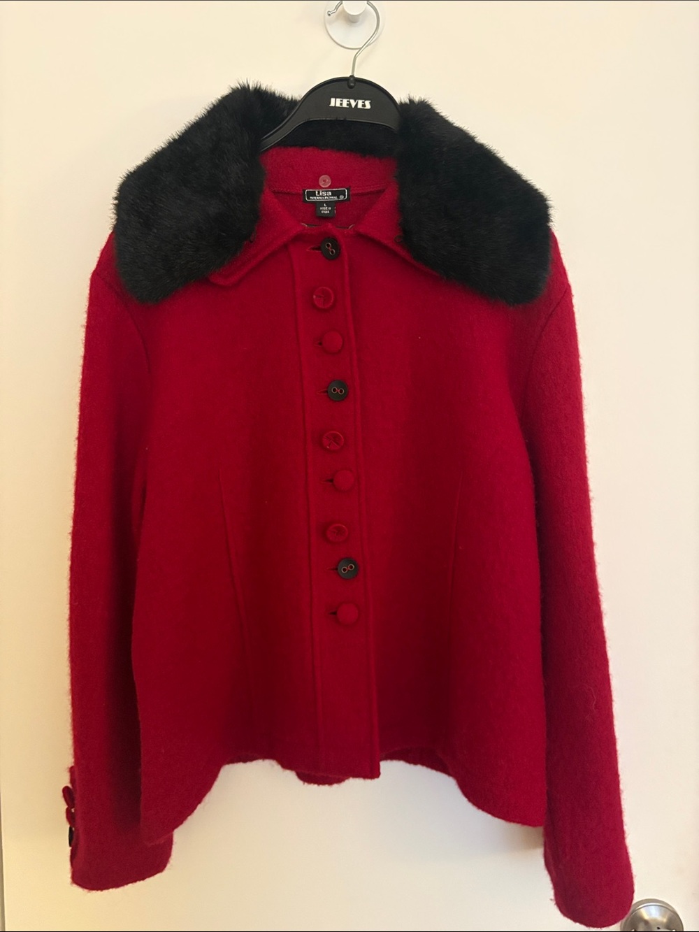 Vintage Lisa International Red Pea Coat with Black Faux Fur Collar